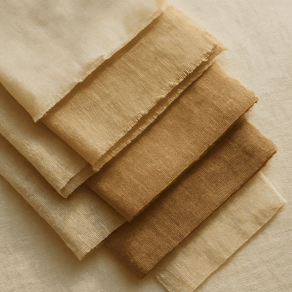 Layered sustainable fabric swatches in organic cotton, linen, hemp, and silk tones